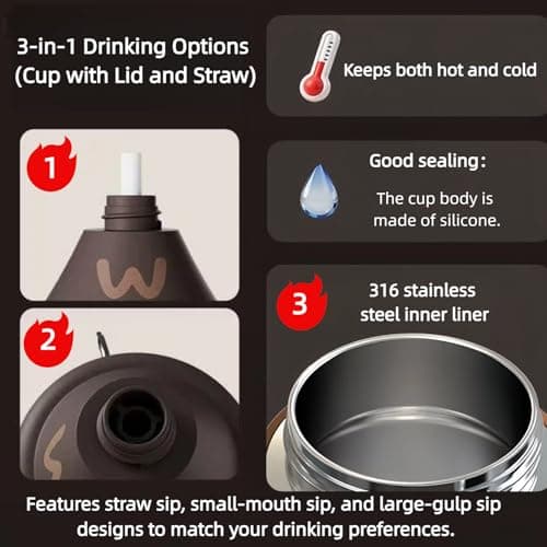 Insulated Water Bottle, 100% Leak-proof Travel Mug | w/baldric & Straw|Silicone Sleeve for Durability | 316 stainless steel cup body | 3-In-1 Lid | Reusable Coffee Travel Mug. (Brown) - Thumbnail 4