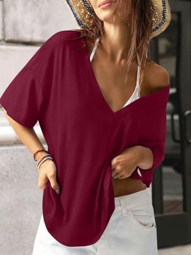 REORIA Women's Trendy Oversized V-Neck T Shirt Short Sleeve Off The Shoulder Contrast Stitching Loose Fit Tops for 2026 Spring Summer Burgundy Large - Thumbnail 2