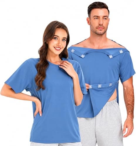 Recorah Shoulder Surgery Recovery Shirt with Magnetic Snaps - Developed with Surgical Experts, Crew Neck Top for One-Handed Dressing - Breathable 70% Cotton Post-Op Wear - Image 1