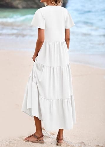 KIRUNDO Summer Maxi Dresses for Women 2026 Spring Fashion Short Sleeve Button V Neck Pleated Loose Tiered Swing Flowy Dress(White, Large) - Thumbnail 2