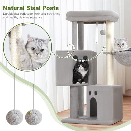 Small Cat Tree Tower for Indoor Cats, 40 In Medium Multi-Level Compact Cat House Bed with 2 Condo, Large Platform Perch, Sisal Scratching Post, Hammock, Cat Climbing Stand for Kitty kitten(Light Grey) - Thumbnail 4