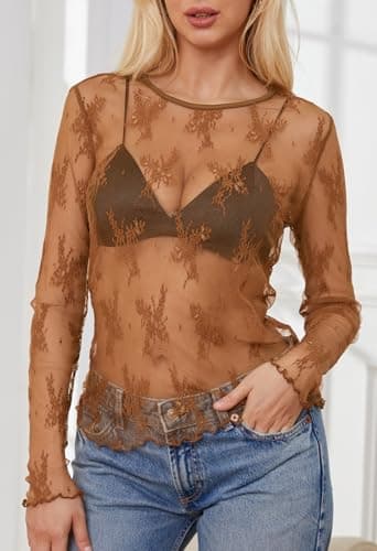 MEROKEETY Womens Long Sleeve Lace Sheer Mesh Top 2025 Crewneck Sexy Y2k See Through Going Out Blouse Shirts, Brown, X-Large - Thumbnail 6