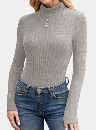 GKBK Womens Turtleneck Long Sleeve Tops Ribbed Basic Tshirts Thermal Underwear Warm Lightweight Fall Sweaters 2025 Fashion Outfits Winter Clothes Grey - Thumbnail 3