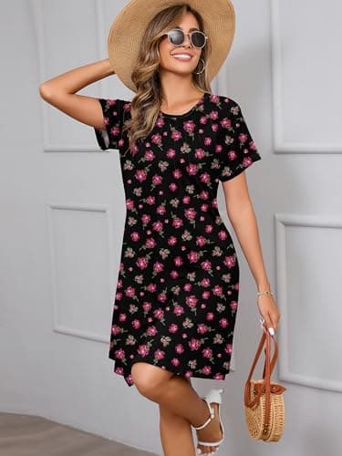 Heymoments Women's Short Sleeve Dress Floral Print Large Crewneck Casual Loose Flowy Below Knee Length Sundress Business A Line Shirt Teachers Summer Novelty Boho Dresses with Pockets - Thumbnail 4