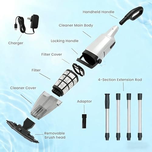 Handheld Pool Vacuum with Telescopic Pole, Updated Cordless Pool Cleaner with Powerful Suction 15 GPM, Ideal for Leaves Dirt Sand Debris, for Hot Tubs Spas Above Ground Pools Inground Pools, Off-White - Thumbnail 2