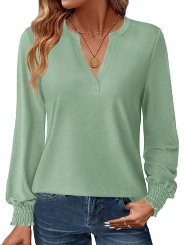 GKBK Womens Long Sleeve Shirts Fall Tops V Neck Business Dressy Casual Blouses with Smocked Cuffs Green - Image 1