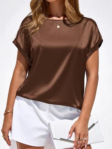 BTFBM Summer Tops for Women 2026 Dressy Satin Blouses Loose Crew Neck Short Sleeve Shirts Work Business Casual Outfits(Chocolate Brown, X-Large) - Thumbnail 6