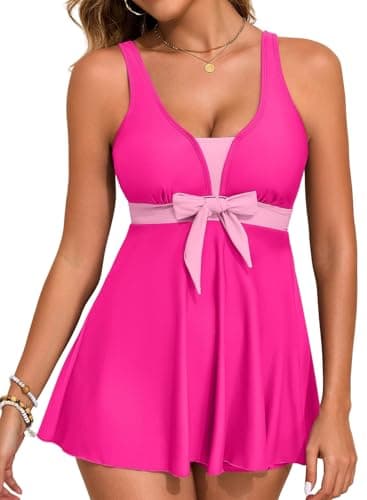 Aleumdr Tankini Set Swimsuits for Women Color Block Tummy Control Two Piece Bathing Suits Flowy Swim Dress Boy Shorts with Pockets Hot Pink X-Large - Image 1