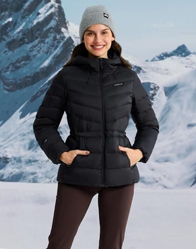 Pioneer Camp Quilted Puffer Jacket for Women Lightweight Water Resistant Hoodies Warm Winter Jacket Filled with Down, Black, M - Thumbnail 3