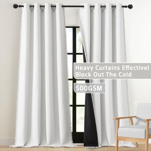 White Linen Blackout Curtains with Tassels 84 Inch Long,100% Blackout Boho Curtain 2 Panels Set for Living Room Bedroom Noise Reduction Curtain - Thumbnail 3