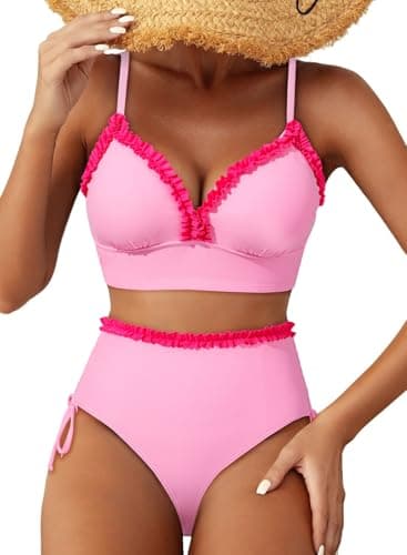 Herseas Women's Splice Ruffle Trim Bikini Sets V Neck Push Up Swimsuits Tie Side Ruched High Waisted Bathing Suits Pink Color Block Cruise Essentials 2026 Summer XX-Large - Image 1