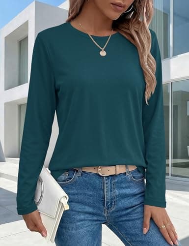 LaGracia Cotton Long Sleeve Shirt Women Crewneck Long Sleeve T Shirt Tops Soft Lightweight Basic Casual Tees Trendy Spring Fall Outfits 2026 Dark Green L - Thumbnail 3