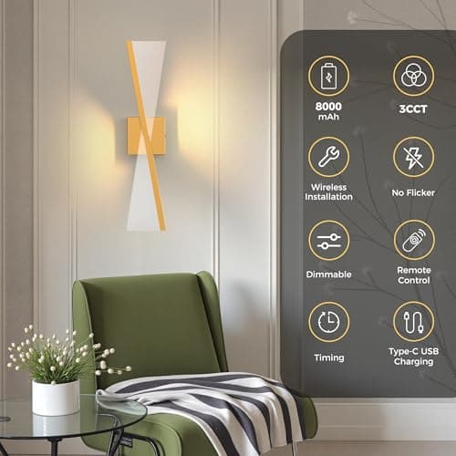 L LOHAS LED Gold Battery Operated Wall Sconces Set of Two, Upgraded Beautiful Design Wireless Wall Sconces Battery Operated, Gold Sconces Wall Decor Set of 2 for Living Room - Thumbnail 4