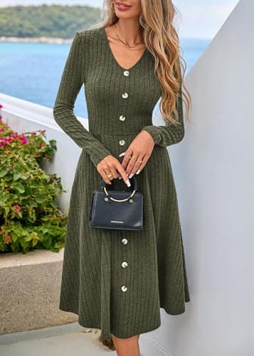 Lazysmile Long Sleeve Fall Winter Dresses for Women V Neck Button Down A Line Swing Casual Knit Sweater Dress Army Green - Thumbnail 5