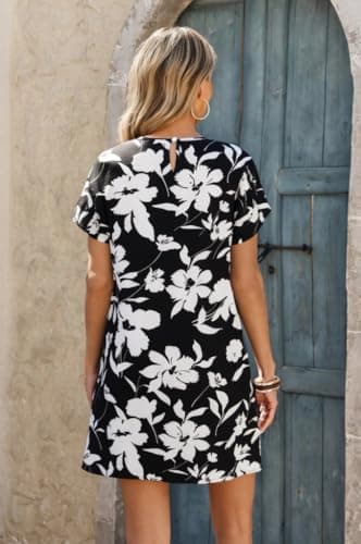 Wenrine Womens Summer Dress 2025 Floral T Shirt Dress Casual Cap Sleeve Crewneck Loose Boho Shift Mini Dresses - Thumbnail 3