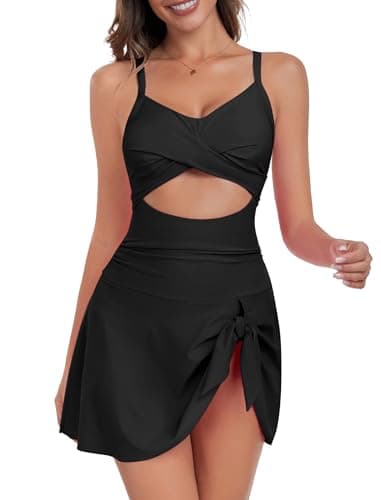 ZAFUL Women One Piece Swimsuit Maternity Tummy Control Plus Size Bathing Suit Slimming Swim Dress Modest Swimwear Push Up Cut Out V Neck Swimdresses 2025 Trendy Cute Tie Knot Monokini Skirt Black XXL - Image 1