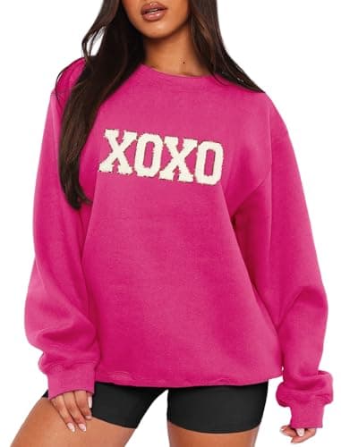 MAPICK Oversized Sweatshirt for Women Letter Printed Hugs and Kisses Sweaters Crewneck Long Sleeve Pullover Tops(Rose Red,Small) - Image 1