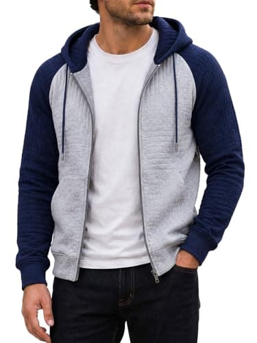 Men's Lightweight Sweatshirt with Hood Zip Up Hoodie Plaid Jacquard Long Sleeve Waffle Knit Casual Jacket with Pocket - Image 1