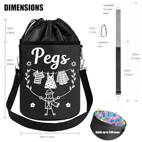 Clothes Pin Hanging Bag Outside with Hooks, Closing Cord and Shoulder Strap, Waterproof Clothespin Bag Holder Multiple Hanging Methods for Clothesline Laundry Peg Clip Organizer Outdoor Storage Use - Thumbnail 2