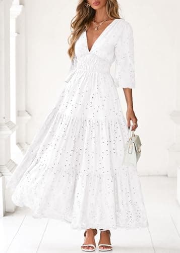 Lazysmile Long Sleeve Dresses for Women V Neck Hollow Out Eyelet Ruffle Swing A-Line Fall Vacation Boho Maxi Dress White - Thumbnail 5
