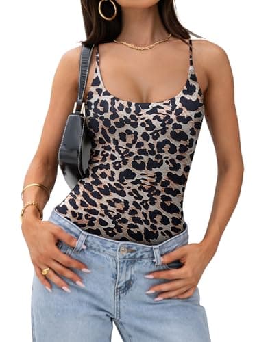 PINKMSTYLE Thong Bodysuits for Women Cute Scoop Neck Double Lined Spaghetti Strap Bodysuit Trendy Going Out Tops Light brown leopard print Large - Image 1