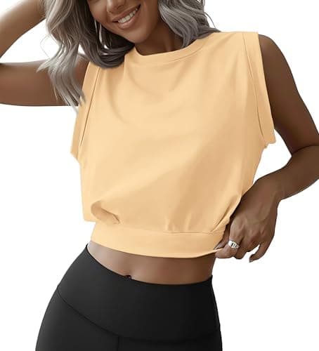 JINKESI Women Workout Crop Tank Tops Sleeveless Athletic Yoga Tops Running Gym Crop Workout Tank Tops Light Yellow-L - Image 1