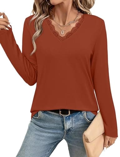 JUSTFASHIONNOW Long Sleeve Shirts for Women Lace V Neck Tunic Tops Dressy Business Casual Blouses Trendy Loose Fit Cute Winter Clothes (Caramel,XX-Large) - Image 1