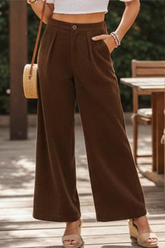 Ystguic Women's High Empire Elastic Waist Corduroy One Button Zipper Wide Leg Palazzo Coffee Chocolate Brown Pant with Pockets Casual Spring Summer Loose Vocation Holiday Comfy Slack Trousers - Thumbnail 2