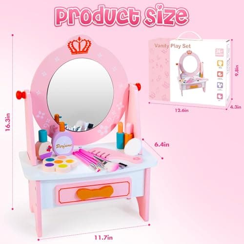 Wooden Vanity Set for Kids, Pretend Play Toddler Makeup Vanity with Acrylic Mirror, Beauty Salon Play Set for Little Girls Age 3+, Toys Gifts Includes Makeup Accessories and Bonus Stickers - Thumbnail 5