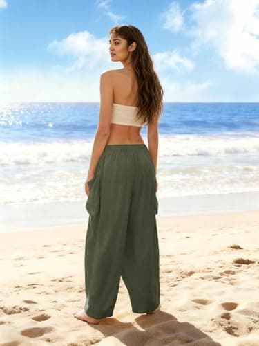 COCOMARTS Womens Linen Wide Leg Palazzo Pants Casual Loose Elastic Drawstring Flowy Pant 2025 Fall Travel Baggy Harem Pants with Pocket Green Large - Thumbnail 3
