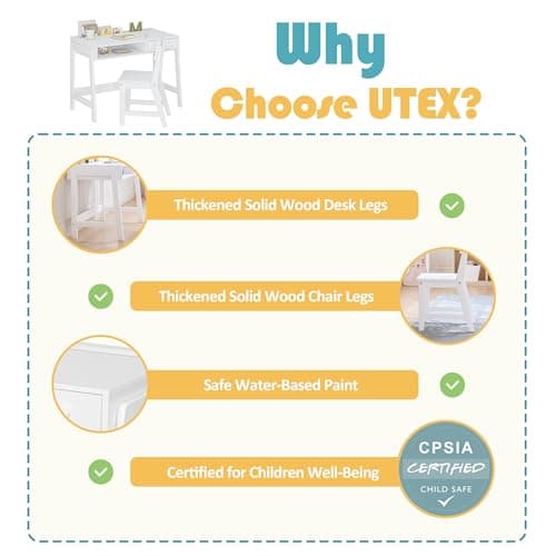 UTEX Kids Desk and Chair Set, Study Desk for Kids with Storage Bins, Wooden Children Study Table, Student Writing Desk for Bedroom & Study Room (1 Open & 1 Drawer) - Thumbnail 4