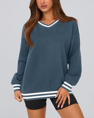 PRETTYGARDEN Women's Oversized Sweatshirts Casual Long Sleeve Stripes Knit V Neck Pullover Top Spring Preppy Clothes(Grey Blue,XX-Large) - Thumbnail 6
