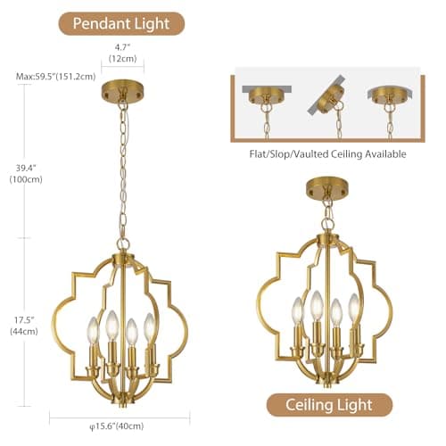 ACANER 4-Light Brushed Gold Chandeliers for Dining Room, 15.6" Farmhouse Geometric Pendant Light Fixture for Entryway Foyer Kitchen Bathroom Over Sink - Thumbnail 6