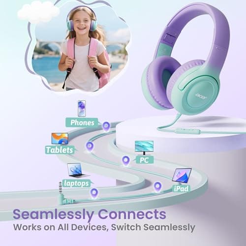 acer Kids Headphones - 85/94dB Volume Limiter, Foldable Wired Over Ear Headphones for Travel, 3.5mm Jack, Toddler Headphones for School, Travel, iPad, Tablet, Purple Green, HK03 - Thumbnail 5