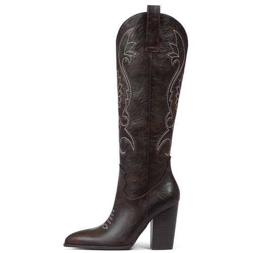VOMIRA Knee High Cowboy Boots Women Pointed Toe Embroidered Leather Chunky High Heels Side Zipper Western Boots Brown Cowgirl Boots
