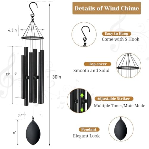 Wind Chimes for Outside Deep Tone, 30 Inch Wind Chimes Outdoor with 6 Tuned Aluminum Tubes, Memorial Wind Chimes for Mother's Day Christmas, Decor for Yard, Patio, Porch, Black - Thumbnail 5