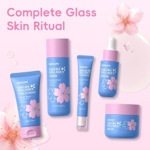 QUIYUM Sakura Collagen Skincare Set - 8-Piece Glass Skin Routine with Cleanser, Toner, Serum, Eye Cream, Moisturizer | Hydration, Firm, Glow for All Skin Types, Skin Care Gift Sets, for Mother's Day - Thumbnail 5
