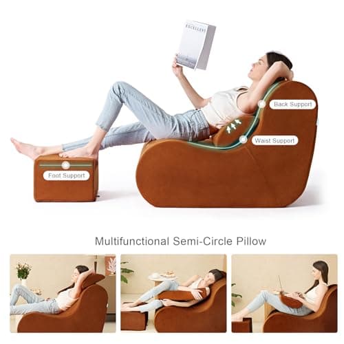 Hansleep Large Bean Bag Chair for Adults, Reading Chair with Ottoman Filled by High-Density Foam, Cozy Lazy Beanbag Lounger Sofa with Waist Support for Living Room, Bedroom, Office, Burnt Orange - Thumbnail 3