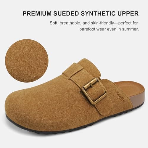 Stelle Suede Clogs for Women Men Potato Shoes with Arch Support Leather Cork Footbed Mules Slip on Home Slippers(Caramel,6) - Thumbnail 3