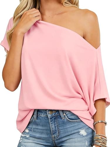 Dressmine One Shoulder Top Sexy Loose Fitting Tops for Women Off The Shoulder Date Night Blouse T Shirts 2026 Spring Casual Clothes Pink S - Image 1