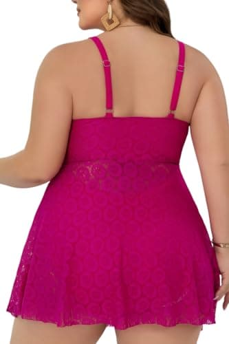 COCOPEAR Tankinis Plus Size Swimsuit for Women Mesh Tankini Tops High Waisted Bikini Bottoms Sexy Tummy Control Swimsuit Rose Red - Thumbnail 4