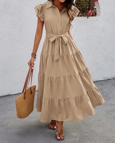dowerme Women's Summer Casual Dresses 2026 Cap Ruffle Sleeve V Neck Button Belted Tiered Boho Maxi Dress with Pockets(Khaki,Large) - Thumbnail 2