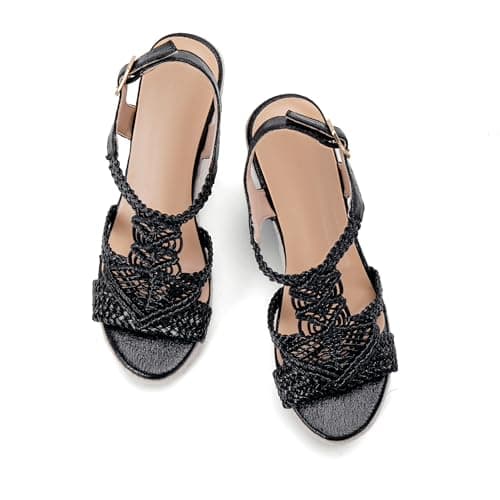 Women's Platform Wedges Sandals Jute Espadrilles for Women Ankle Buckles Dressy Comfortable Beach Wear Wedge Heels Bohemian Summer Dress Sandal for Causal Tropical Vacations Weddings sandalias de plataforma para mujer Glitter Black Size 7 - Thumbnail 4