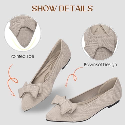 AHZEHRSE Ballet Flats Shoes for Womens Dress Shoes Comfortable Flats Shoes Pointed Toe Soft Casual Work Classic Dressy Wedding Shoes Knit Flats with Bow Beige - Thumbnail 4