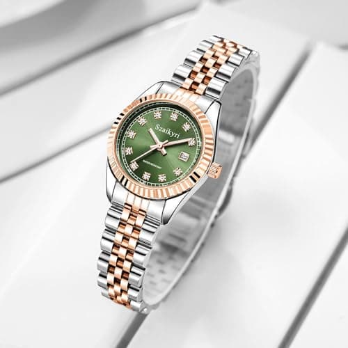Szaikyri Classic Watch for Women with Solid Stainless Steel Band Ladies Dress Watch Womens Calendar Watch (Rosegold Green) - Thumbnail 3