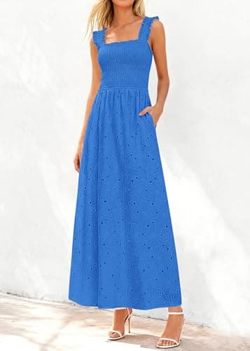 KIRUNDO Summer Lace Dress Vacation Outfits for Women 2026 Wedding Guest Dresses Maxi Beach Boho Sleeveless Cotton Sundress (Royal Blue, Medium) - Thumbnail 4