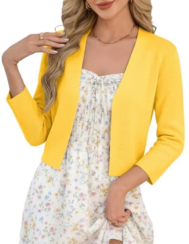 GRACE KARIN Cropped Cardigans Women Trendy, Casual Lightweight 3/4 Sleeve Sweater Blazer, Open Front Dressy Shrugs Yellow 02 - Image 1