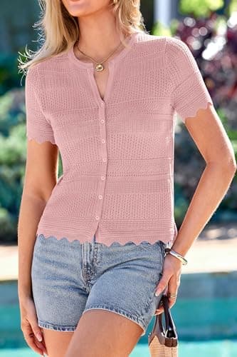 dowerme Women Summer Cardigan Sweaters 2026 Fashion Short Sleeve V Neck Crochet Crop Tops Spring Beach Vacation Clothes(Pink,Small) - Thumbnail 6