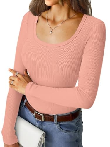 GKBK Long Sleeve Scoop Neck Tops for Women Ribbed Knit Slim Fitted Tight Basic Tee Shirts Lightweight Fall Sweaters 2025 Fashion Trendy Outfits Light Pink - Image 1