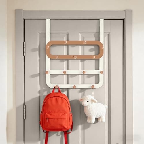 Dycoony Over The Door Hooks for Kids Backpacks - 21.5" Extra Long Door Hanger Low Reach, 14 Wooden Ball Coat Rack for Nursery Bedroom Bathroom, White & Orange Purse Bag Towel Holder Organizer - Image 1